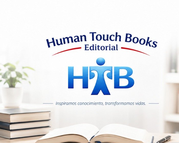 Logotipo de Human Touch Books con el lema «Inspiramos conocimiento, transformamos vidas» sobre un escritorio con libros