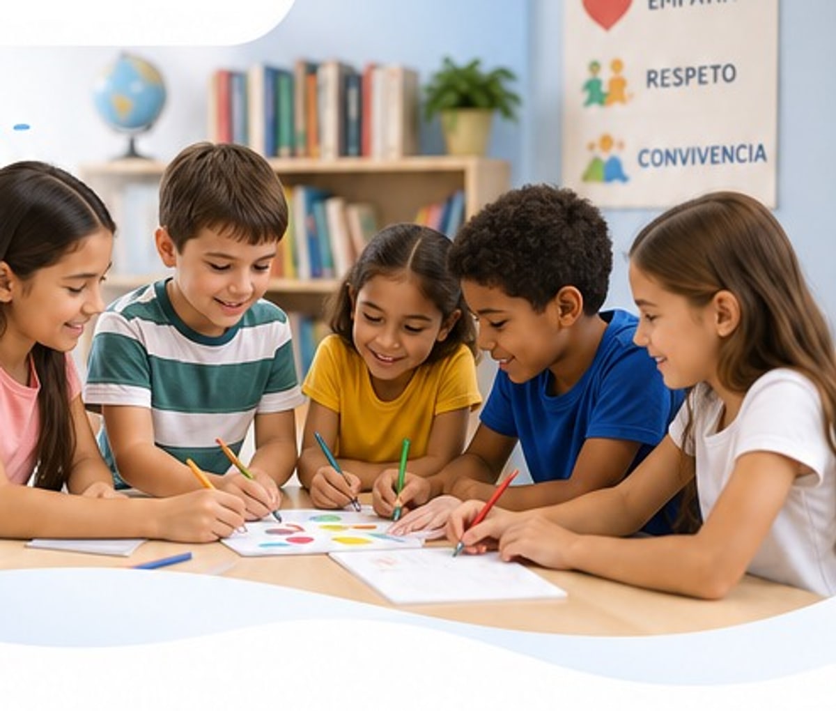 Estudiantes de primaria trabajando juntos alrededor de una mesa en el aula
