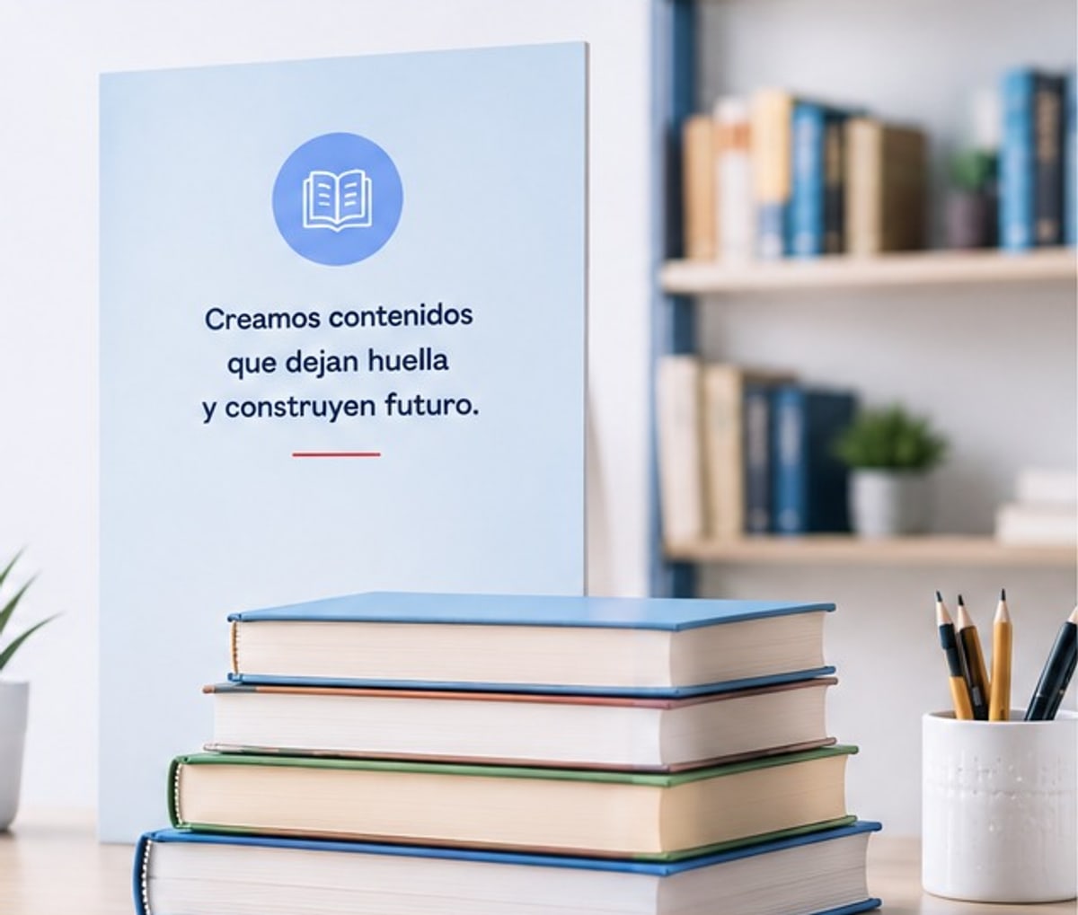 Pila de libros sobre un escritorio junto a una planta, con una estantería de fondo