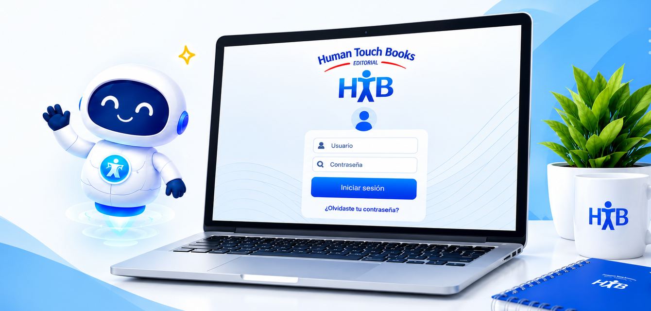 La plataforma Tutoría SMART abierta en una laptop, con la pantalla de ingreso de Human Touch Books